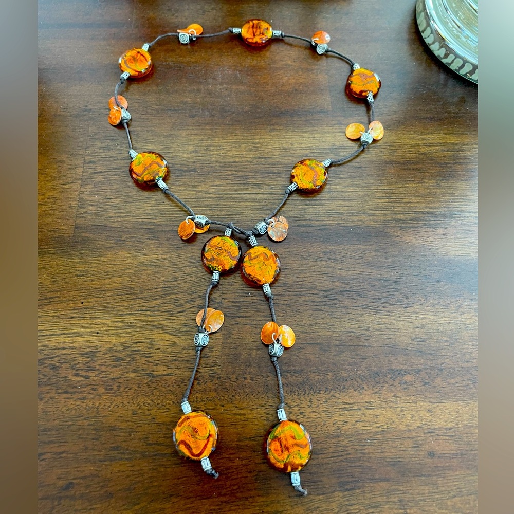 Handmade Orange Foil Lined Glass Beaded Lariat Style Necklace with Shell Discs